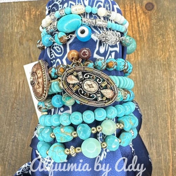 Turquoise silveycharms rosary link adjustable dainty bracelet maximalist - Picture 10 of 12